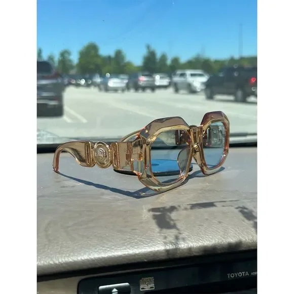 Unisex Sunglasses Transparent Gold Frame Blue Lenses Geometric S… - Picture 5 of 10